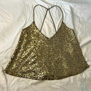 Gold Sequin Top | Chain Crossover | Sise S/M